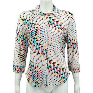 Lior Paris Top Womens Medium White Multi Button Up Stretch Office Colorful Artsy
